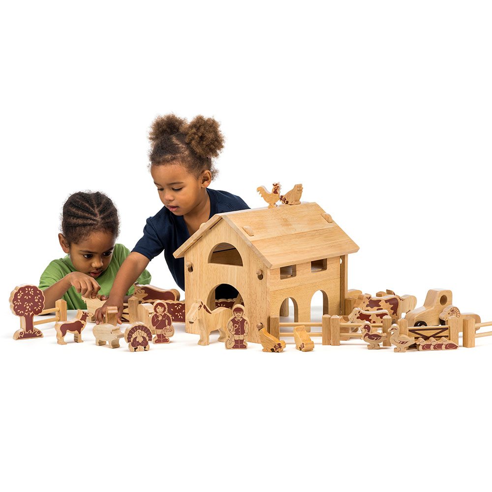 Wooden deluxe farm barn playset with natural wood characters